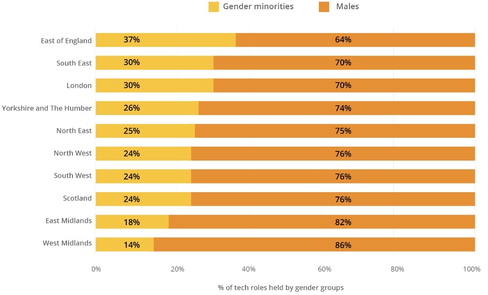 Percentage of tech roles held by gender groups