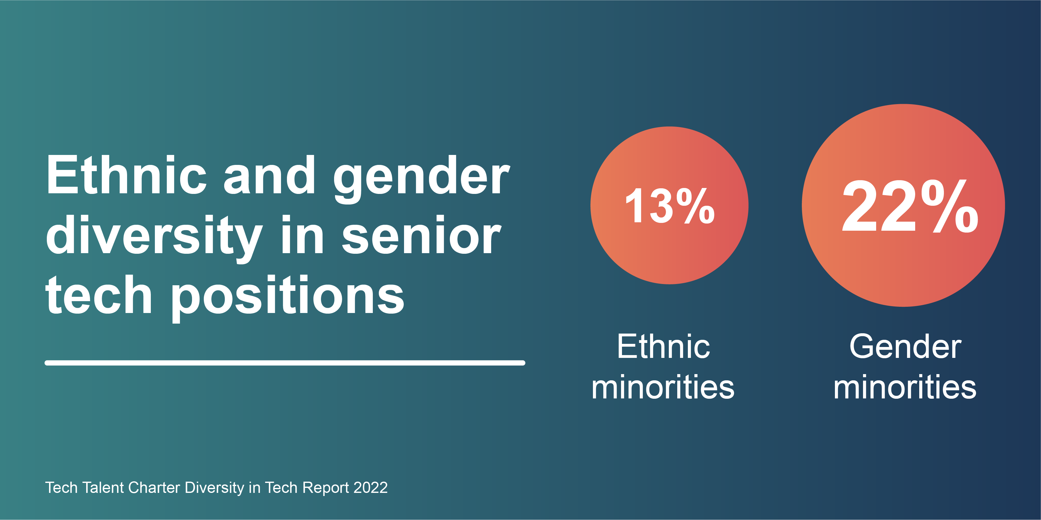 Ethnic diversity in senior tech positions is 13%, where gender diversity is 22%.