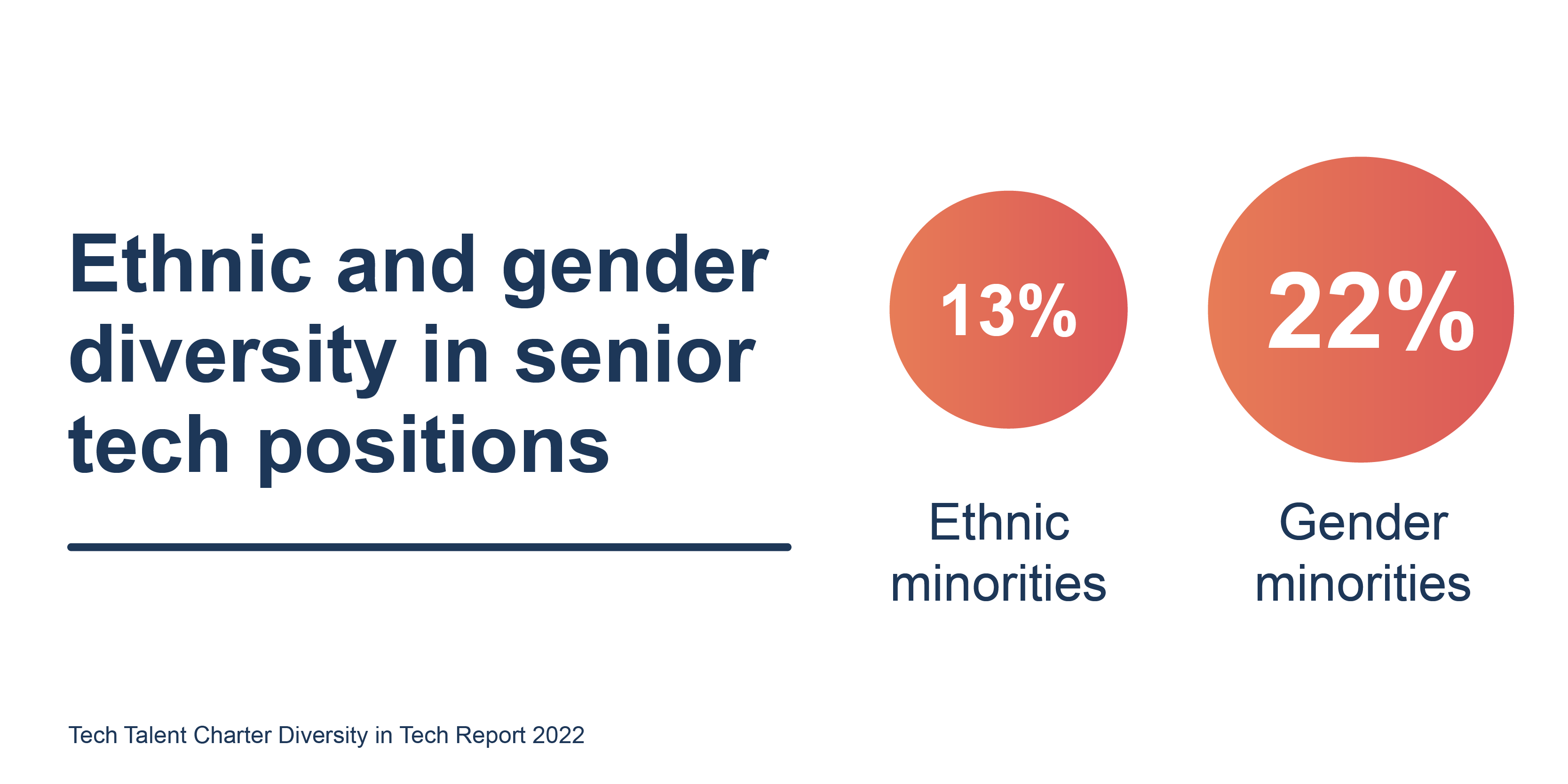 Ethnic diversity in senior tech positions is 13%, where gender diversity is 22%.